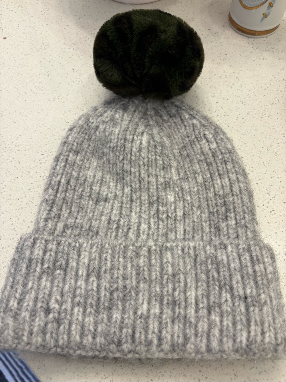 Anthropologie Gray Knit Pom Beanie Hat with Dark Green leopard Pom